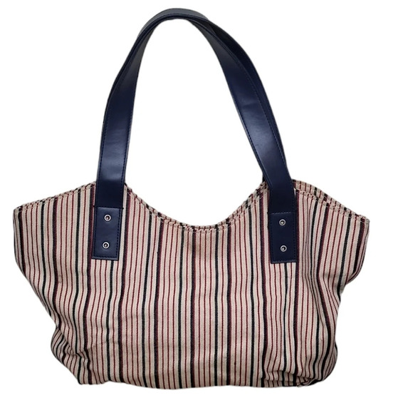 Y2k Tommy Hilfiger Canvas Shoulder Bag Purse Blue Red Cream Stripe - Picture 2 of 5